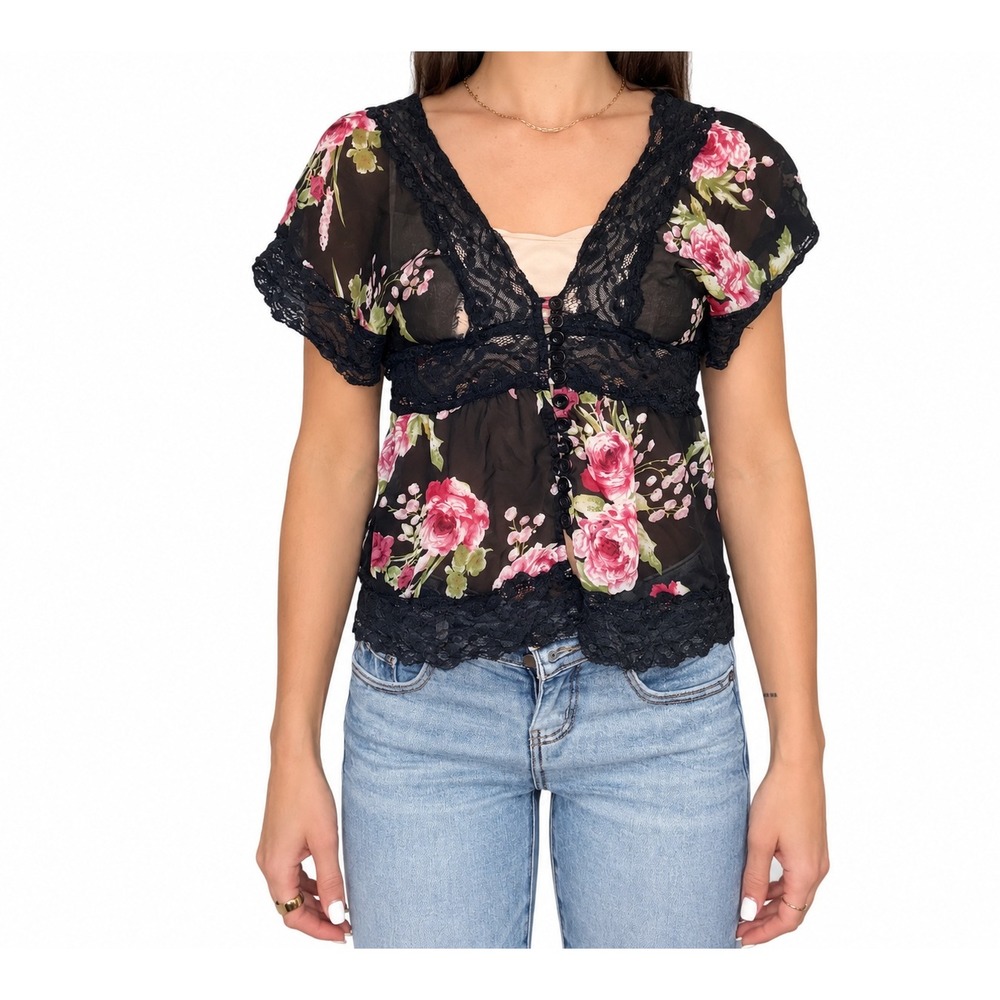 Y2K Sheer Floral Lace Trim V-Neck Blouse